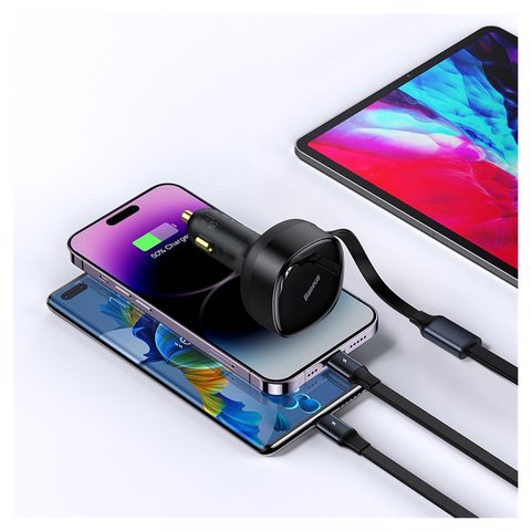 Автомобильное зарядное устройство Baseus Enjoyment Retractable 2-in-1, черное, Quick Charge, c кабелем, 30 Вт, 12-24 B, #CGTX000001 Превью 3