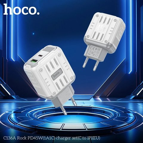 Сетевое зарядное устройство Hoco C136A, 45 Вт, Power Delivery (PD), белый, c кабелем USB тип-C к Lightning для Apple, 2 порта, #6942007627290 Превью 3