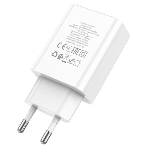 Сетевое зарядное устройство Hoco C100A, 20 Вт, Quick Charge, Power Delivery (PD), белый, с дисплеем, 2 порта, #6931474769800 Превью 2