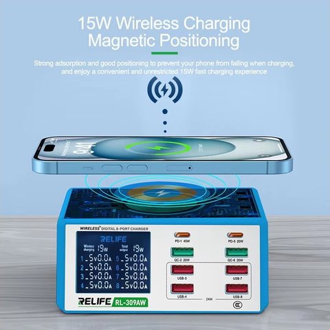 Сетевое зарядное устройство RELIFE RL-309AW, 100 Вт, Quick Charge, Power Delivery (PD), с беспроводной зарядкой, 8 портов Превью 2